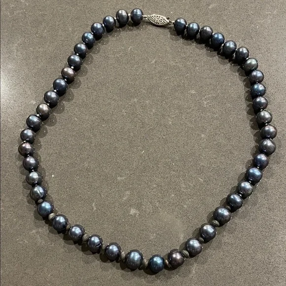 Blue Gray Pearl Necklace with 925 Silver Fish Hook Clasp - Picture 5 of 17